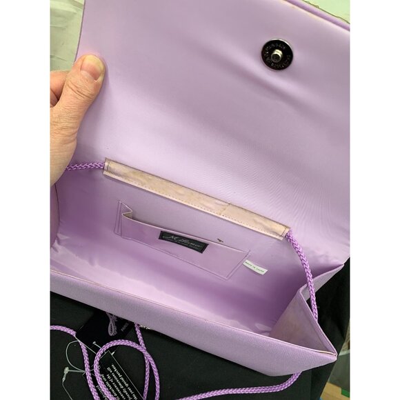 Milano Lilac Satin Evening Clutch Purse W/ Bow Detail & Rope Strap - Picture 5 of 12